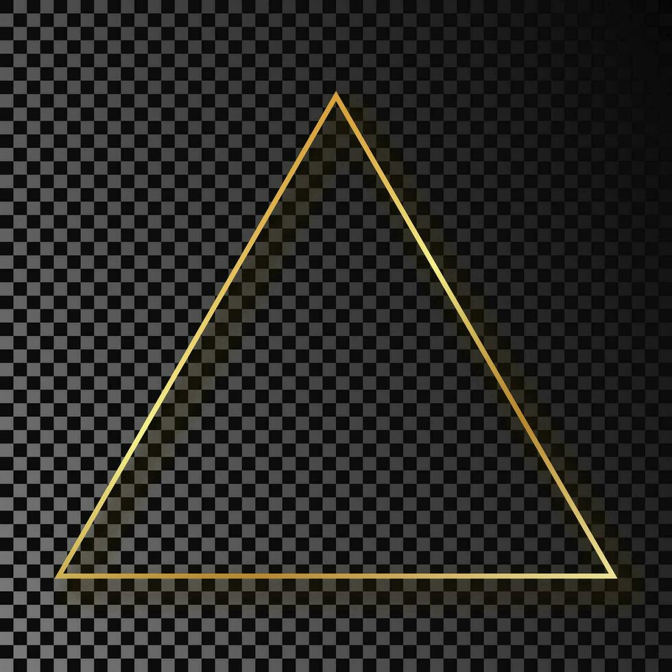 Gold glowing triangle frame with shadow isolated on dark background. Shiny frame with glowing effects. Vector illustration.