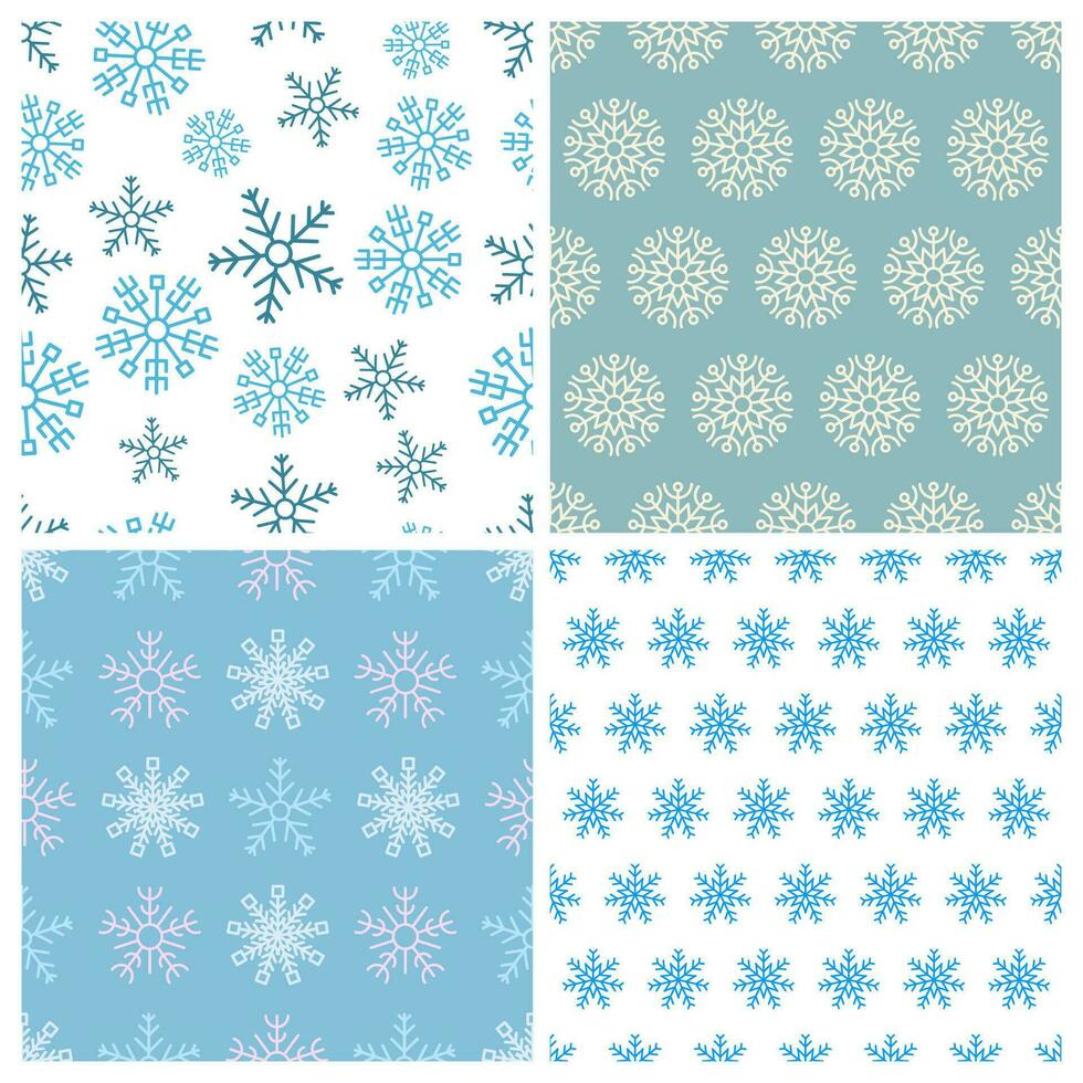 Seamless background with snowflakes. Set of four Christmas and New Year backdrops. Christmas decoration elements. Vector illustration.