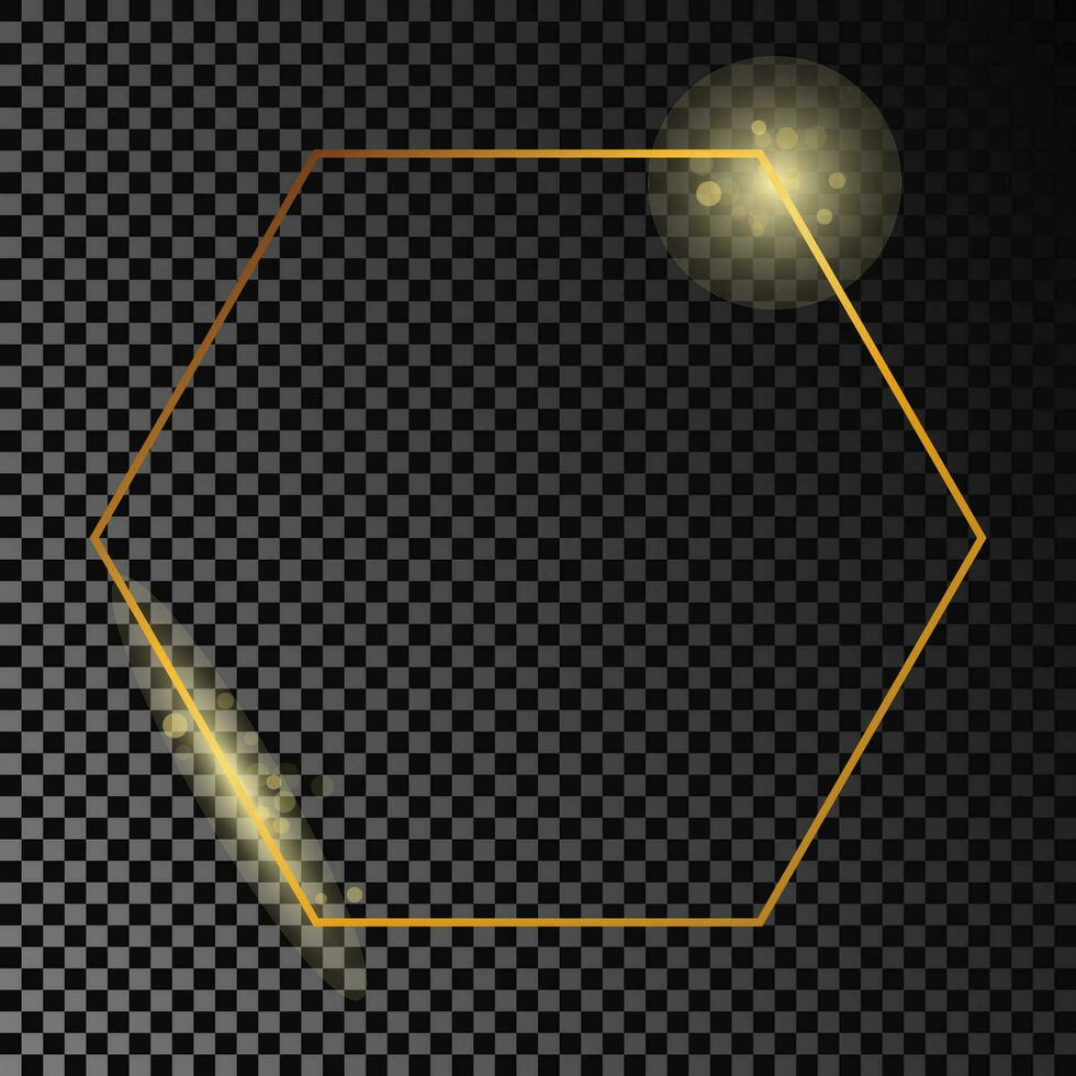 Gold glowing hexagon frame isolated on dark background. Shiny frame with glowing effects. Vector illustration.