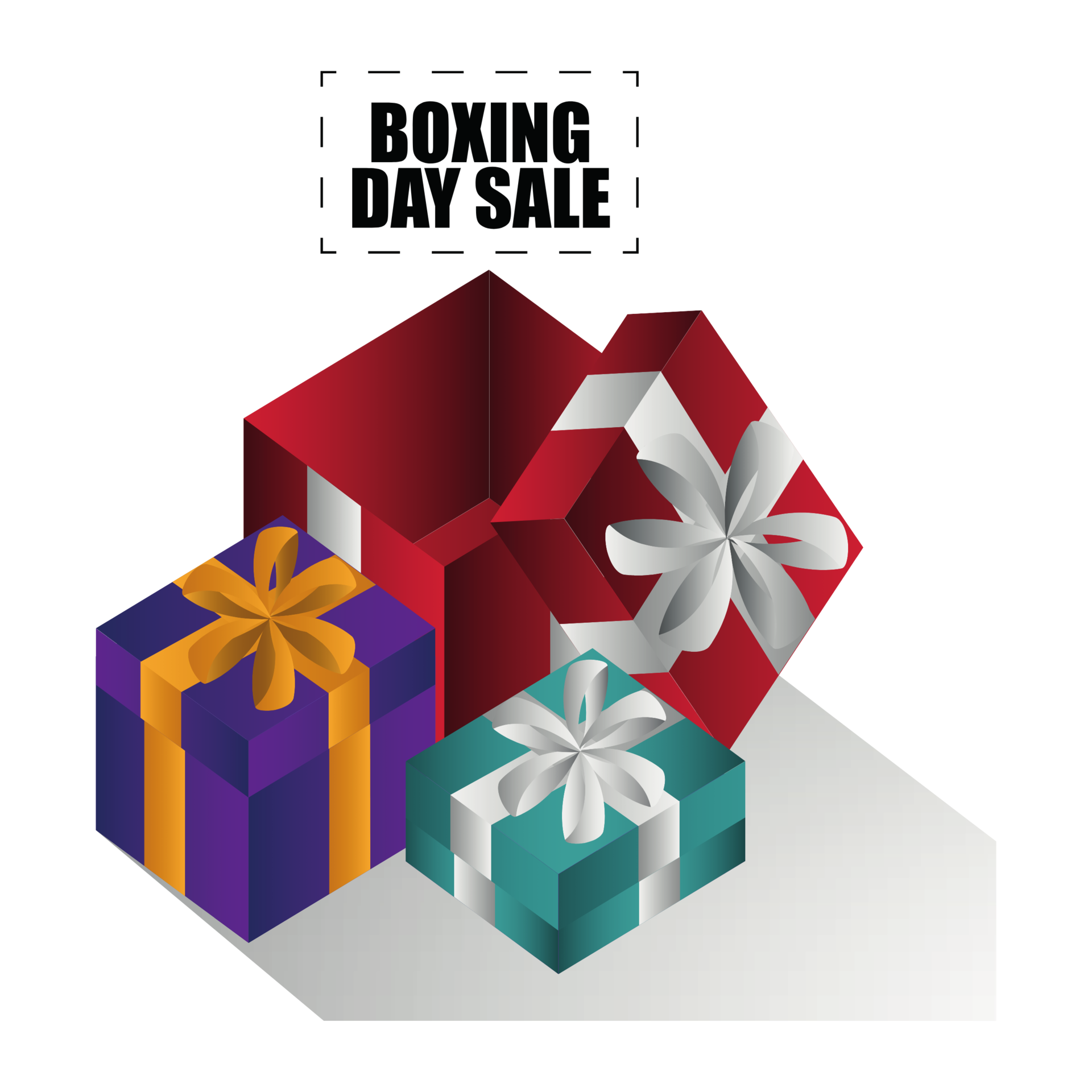 Boxing day sale card with gift boxes and ribbon illustration 35508504 PNG
