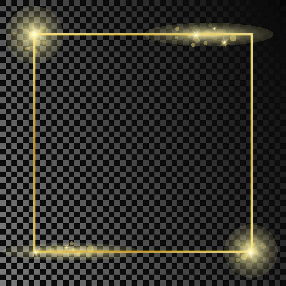 Gold glowing square frame isolated on dark background. Shiny frame with glowing effects. Vector illustration.