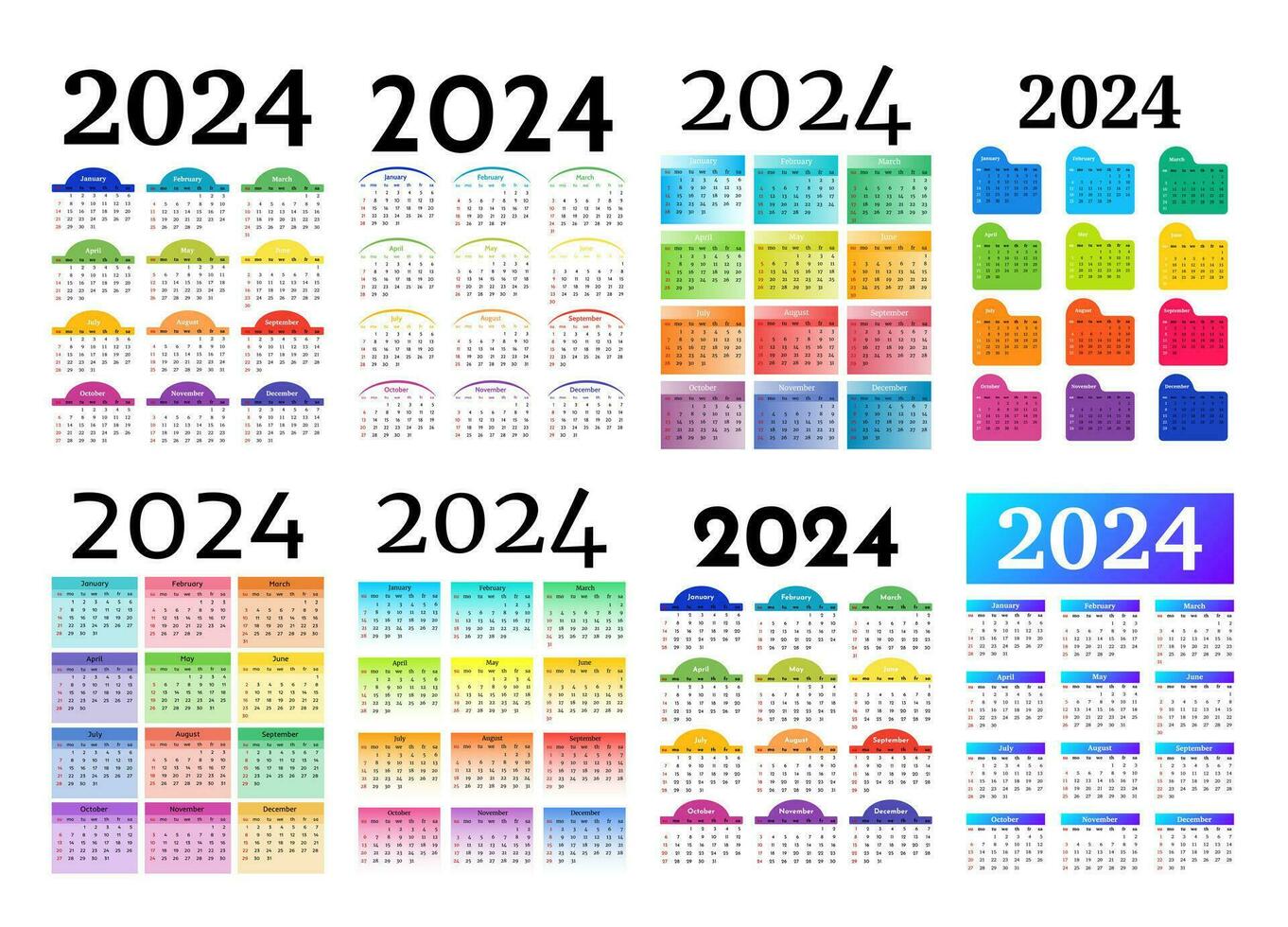Set of eight vertical calendars for 2024 isolated on a white background. Sunday to Monday, business template. Vector illustration