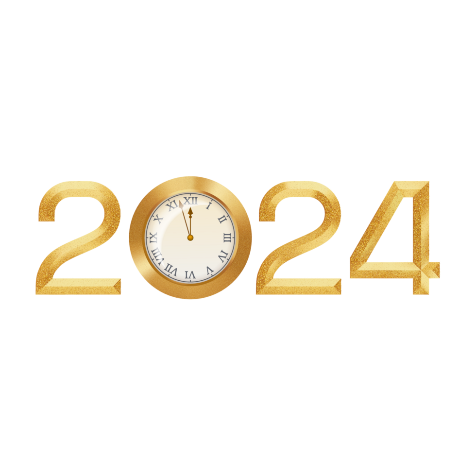 2024 happy new year golden numbers with clock on transparent background