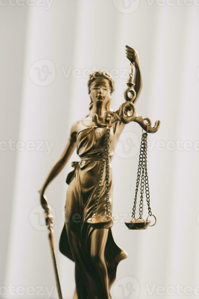 Consultation and conference of Male lawyers and professional businesswoman working and discussion having at law firm in office. Concepts of law, Judge gavel with scales of justice. photo