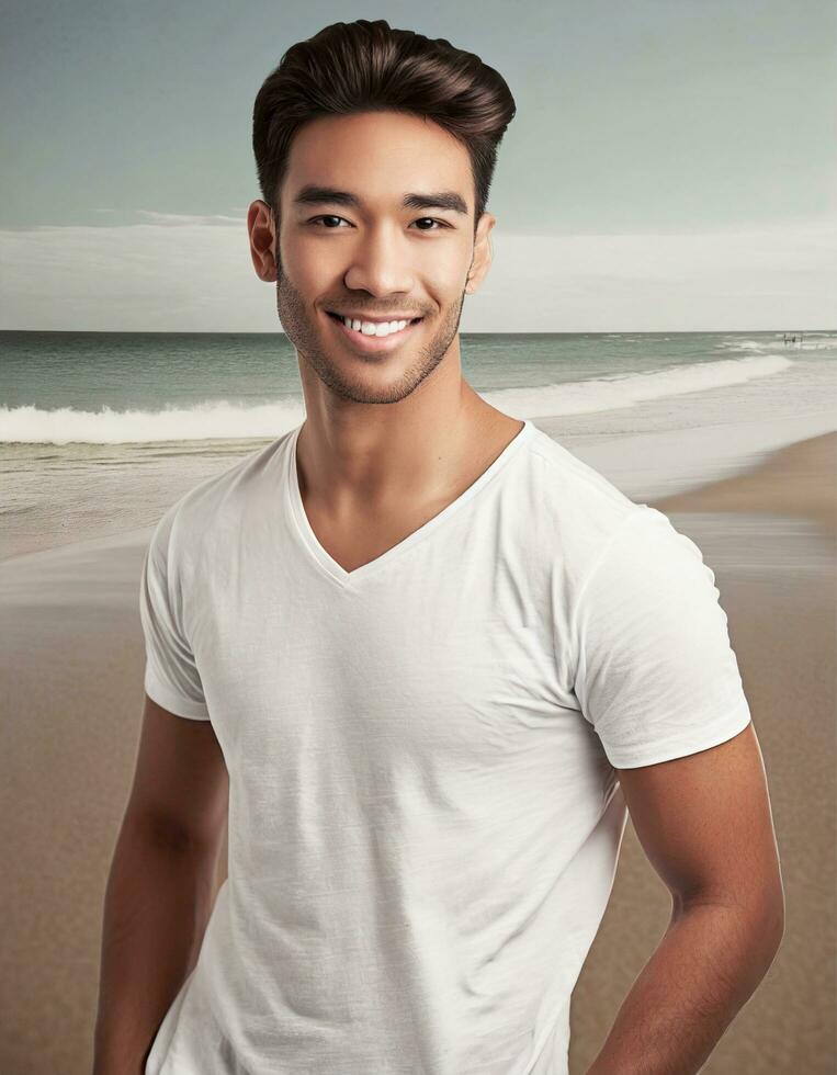 ai generado retrato de un hermoso joven asiático hombre en pie en el playa foto