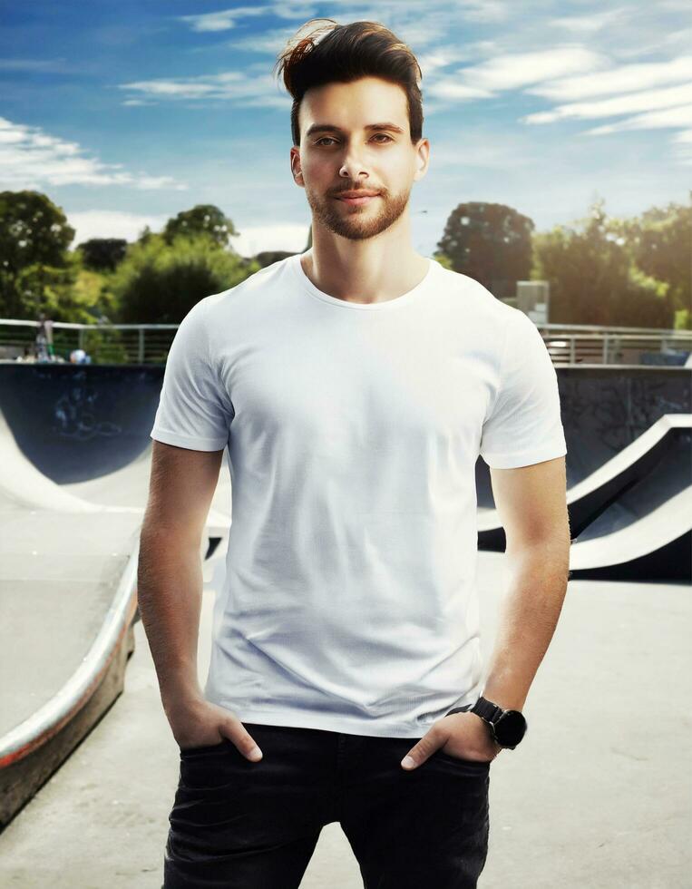 ai generado hermoso joven hombre vistiendo blanco camiseta y pantalones posando en Parque de patinaje foto