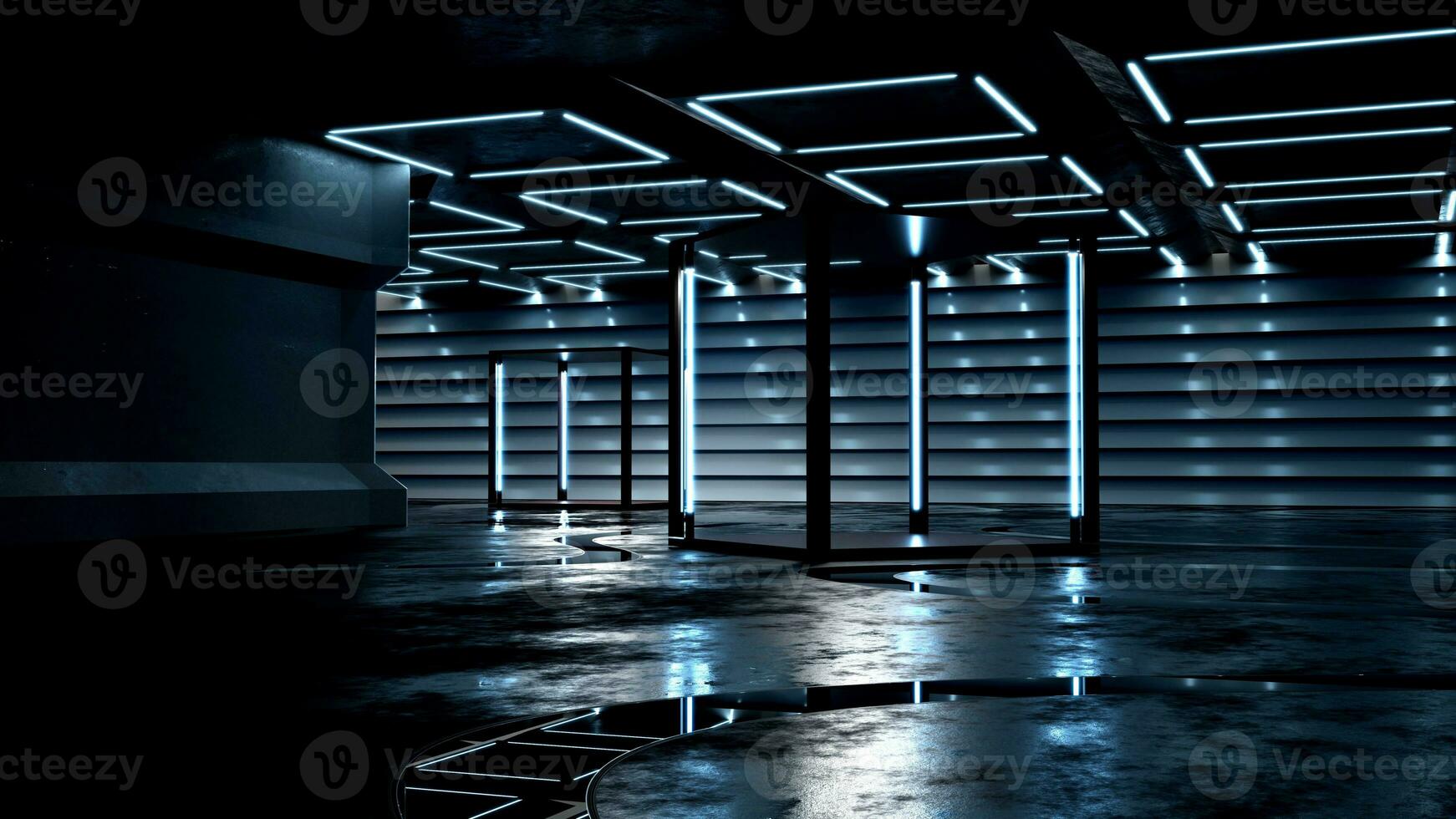 3d representación neón luces resplandor azul en el sótano foto