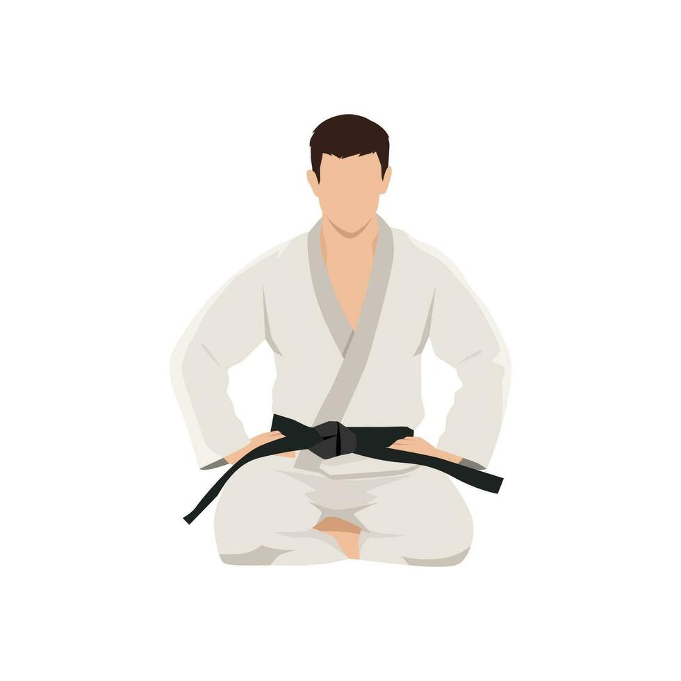 Black Belt karate man sit on a position to start or finish practicing. vector
