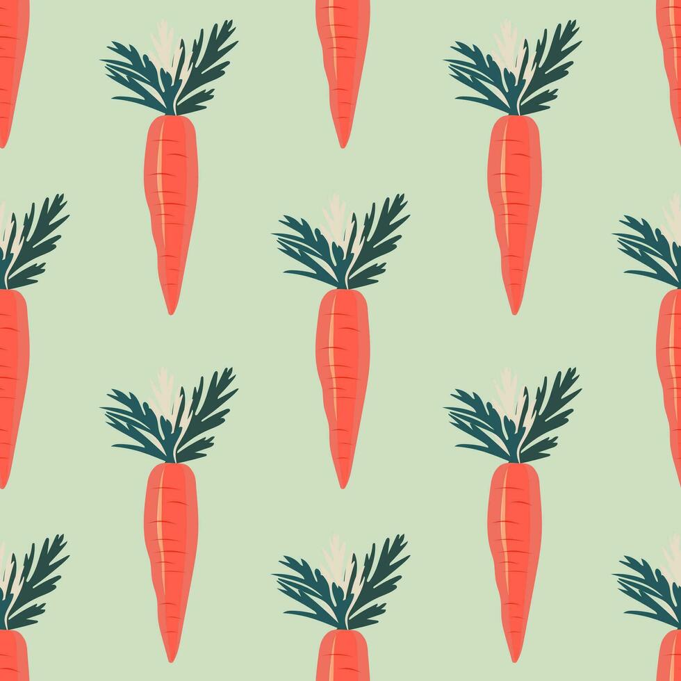 Carrots with tops on a light green background. Seamless pattern with vegetables. Vector. vector