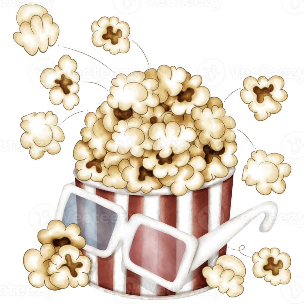 Illustration of popcorn in a bucket and 3D glasses png