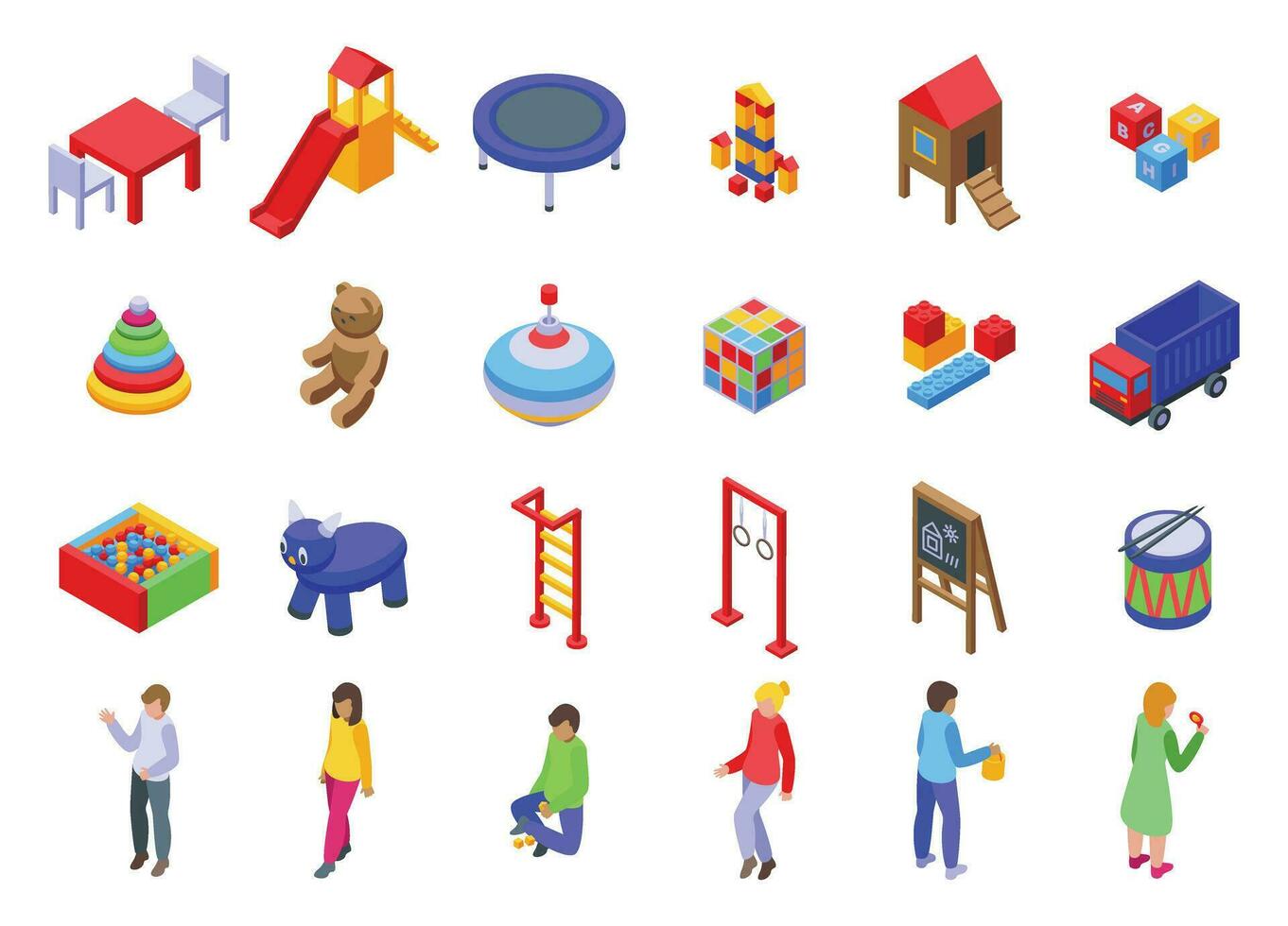 Children playroom icons set isometric vector. Slide wooden table vector