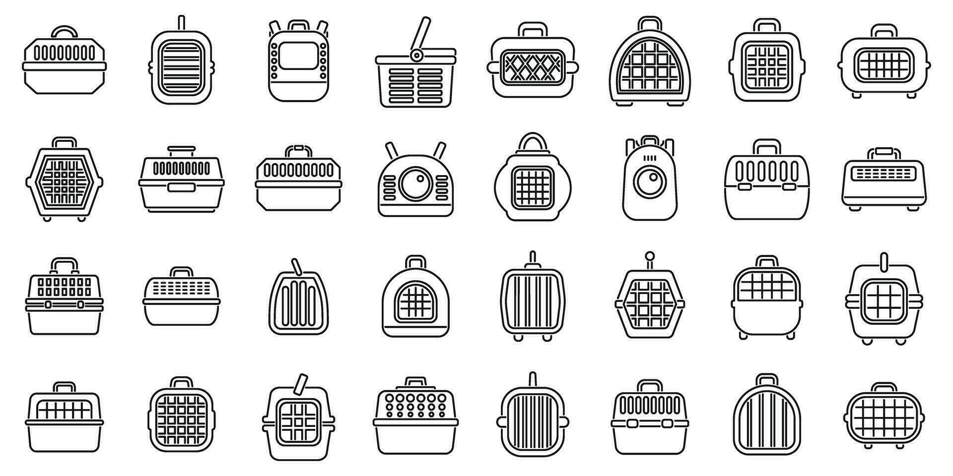 Cat carrier icons set outline vector. Cage canine carrier vector