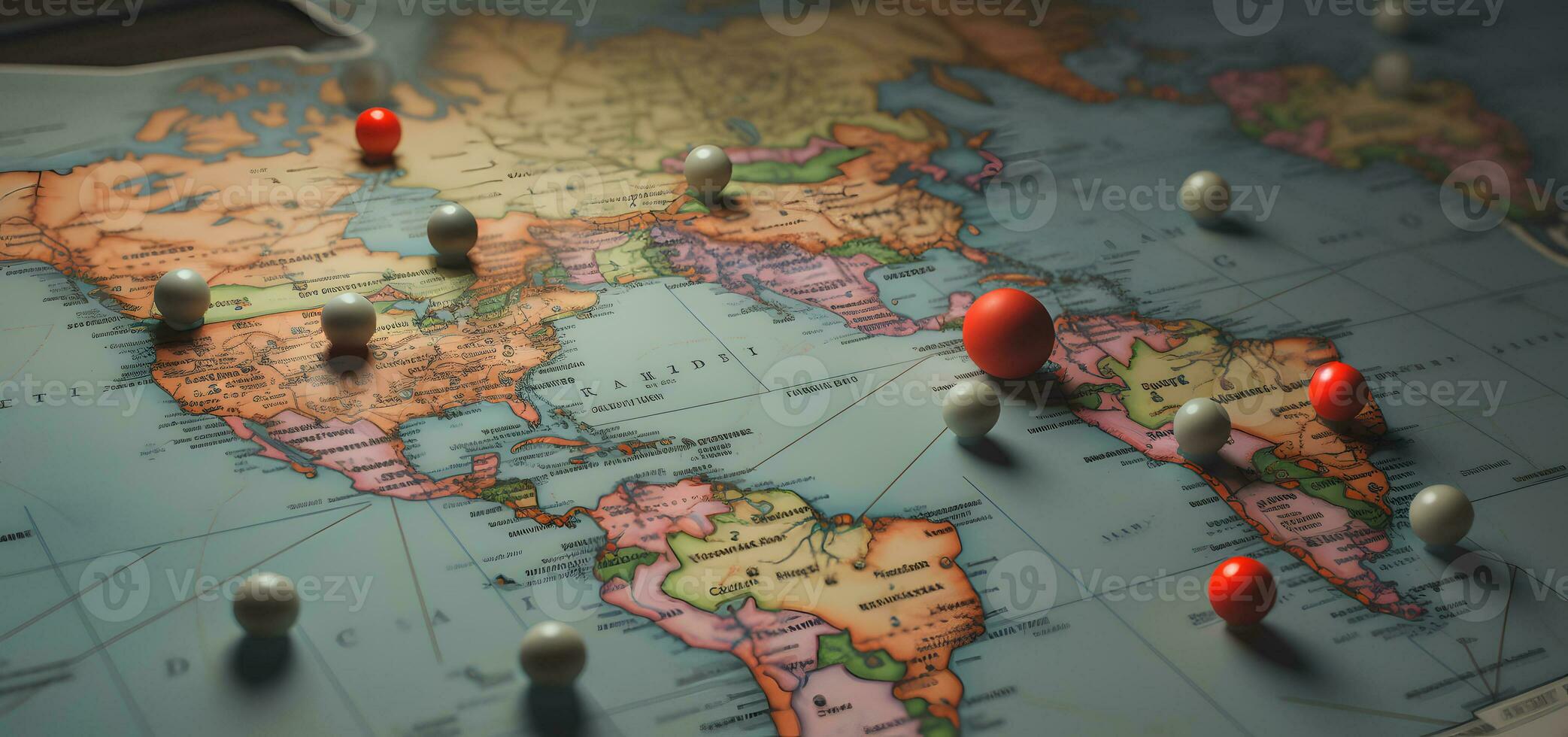 AI generated Map of the world with red pins on it. Selective focus photo