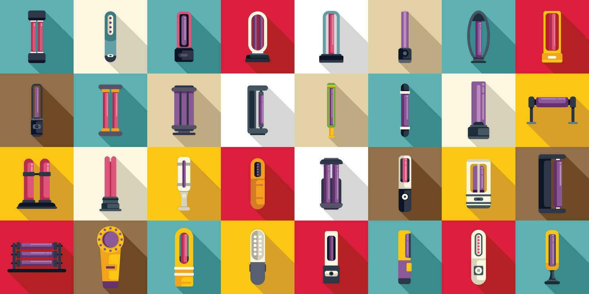 Ultraviolet portable sterilizer icons set flat vector. Bacterium bulb vector