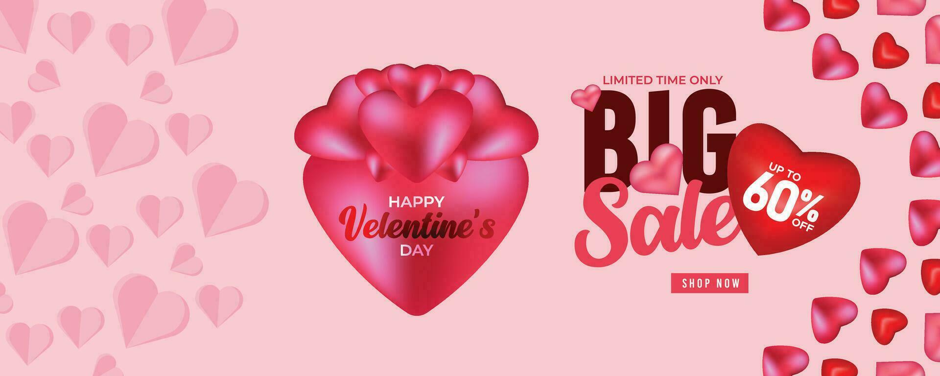 Valentine's Day Super Sale web banner or Post with hearts background. Discount Promotion, and shopping template. Happy Valentine's Day Concept with Big Sale Header Hanging Hearts Template vector