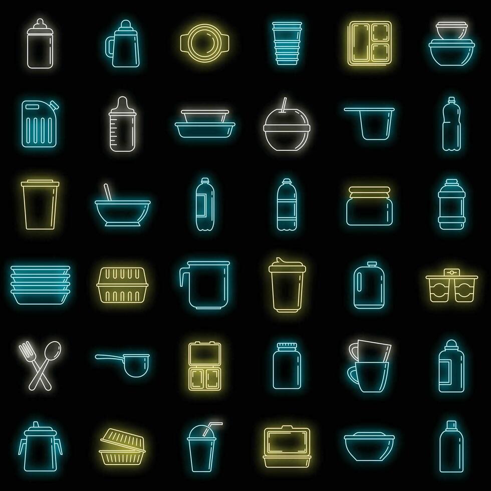 Modern plastic tableware icons set vector neon