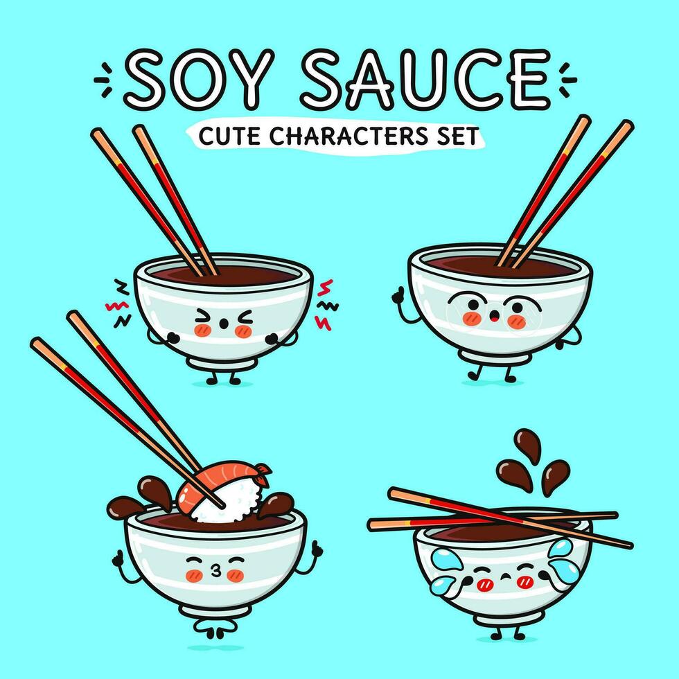 Funny cute happy Bowl of soy sauce characters bundle set. Vector hand drawn doodle style cartoon character. Isolated on blue background. Bowl of soy sauce character collection