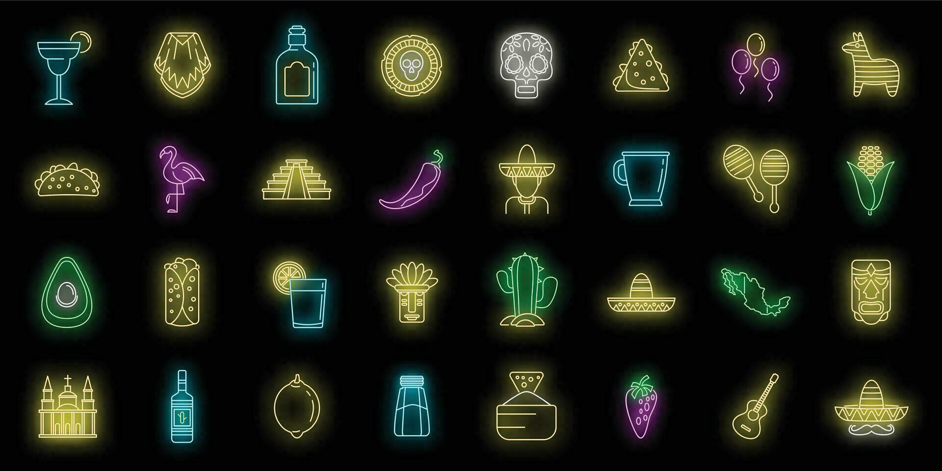 Mexico fiesta icons set vector neon