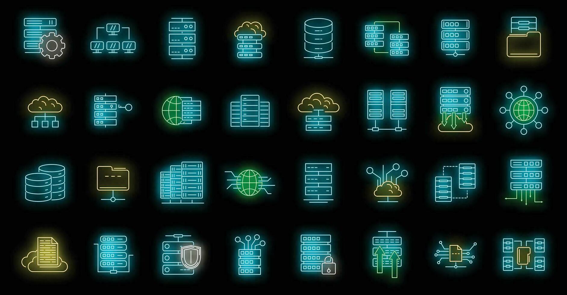 Data center icons set vector neon