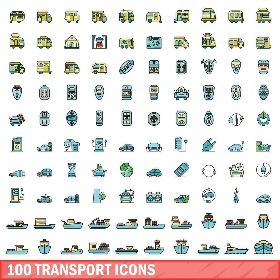 100 transport icons set, color line style vector