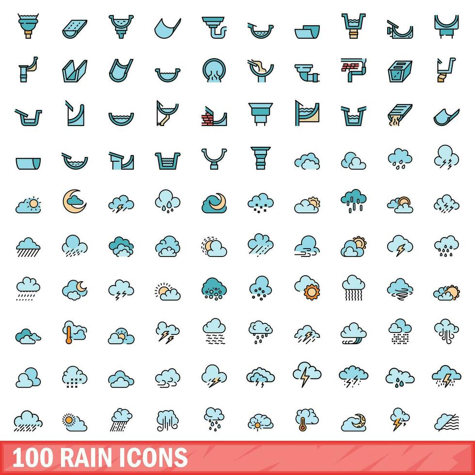100 rain icons set, color line style vector