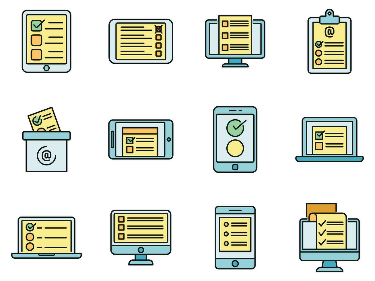 Online survey checklist icons set vector color