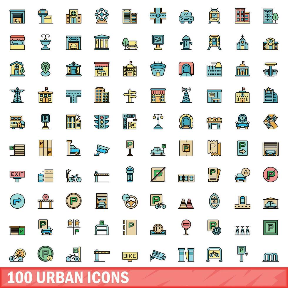 100 urban icons set, color line style vector