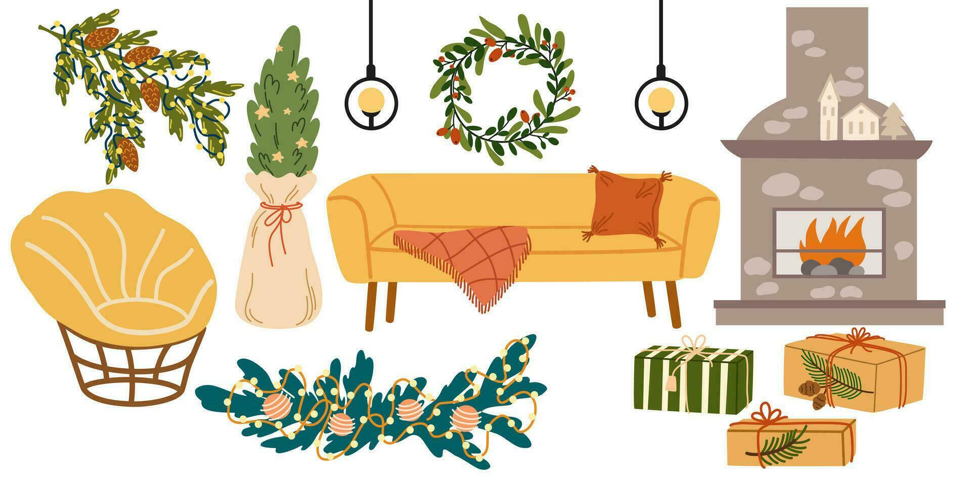 Christmas interior elements set. Couch, vase, candle, Christmas tree, chair and table. Winter holiday house decorations. Cozy home furniture. Vector hand draw illustration isolated