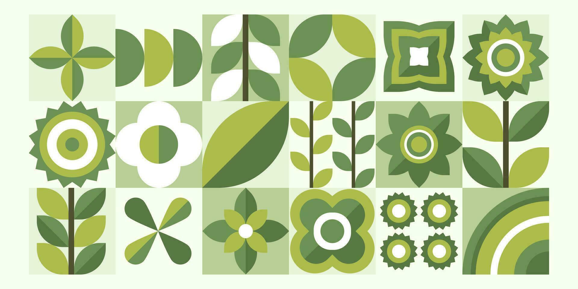 Geometric plants, natural pattern in tiles, decorative abstract art with flowers and leaves, vector illustration, banner, wallpaper.