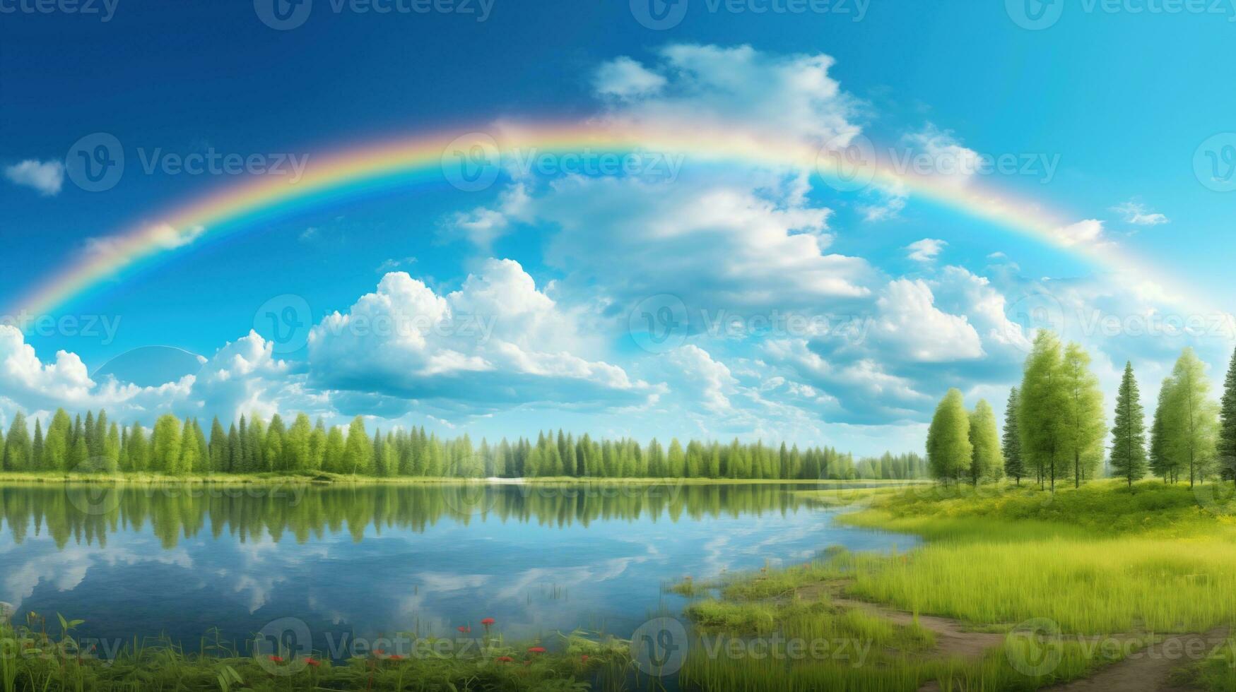 A peaceful landscape meadow field with rainbow in the sky photo