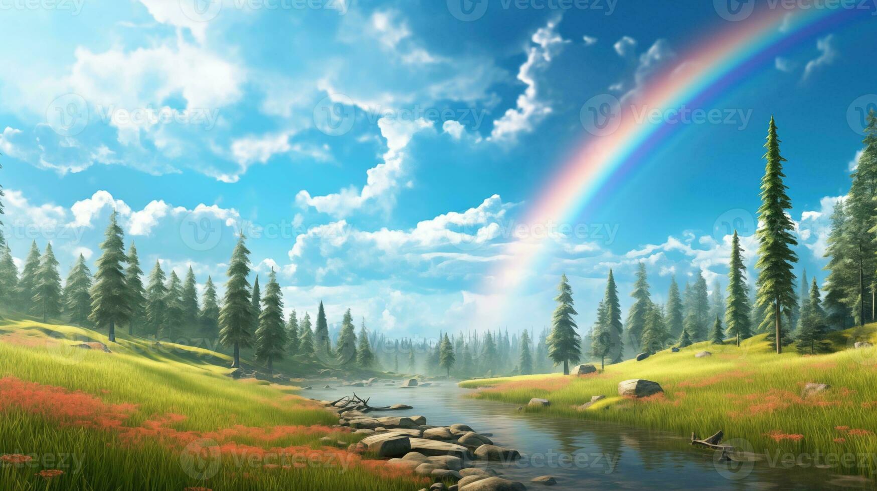 A peaceful landscape meadow field with rainbow in the sky photo