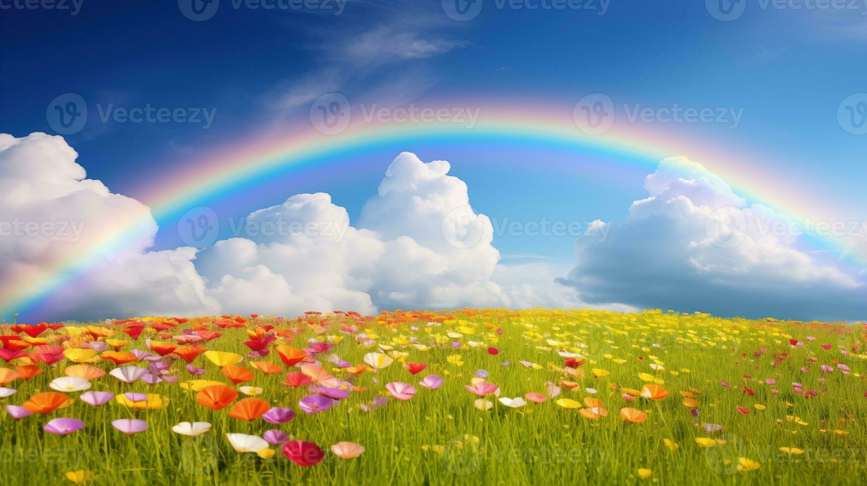 A peaceful landscape meadow field with rainbow in the sky photo