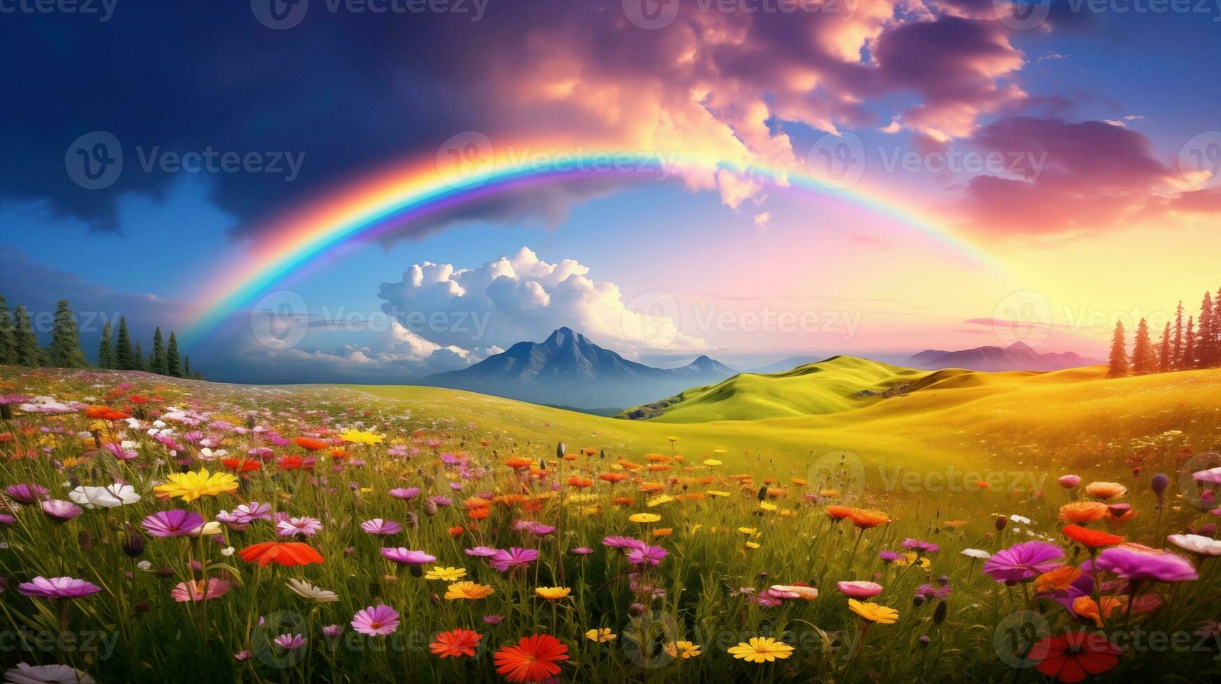 A peaceful landscape meadow field with rainbow in the sky photo