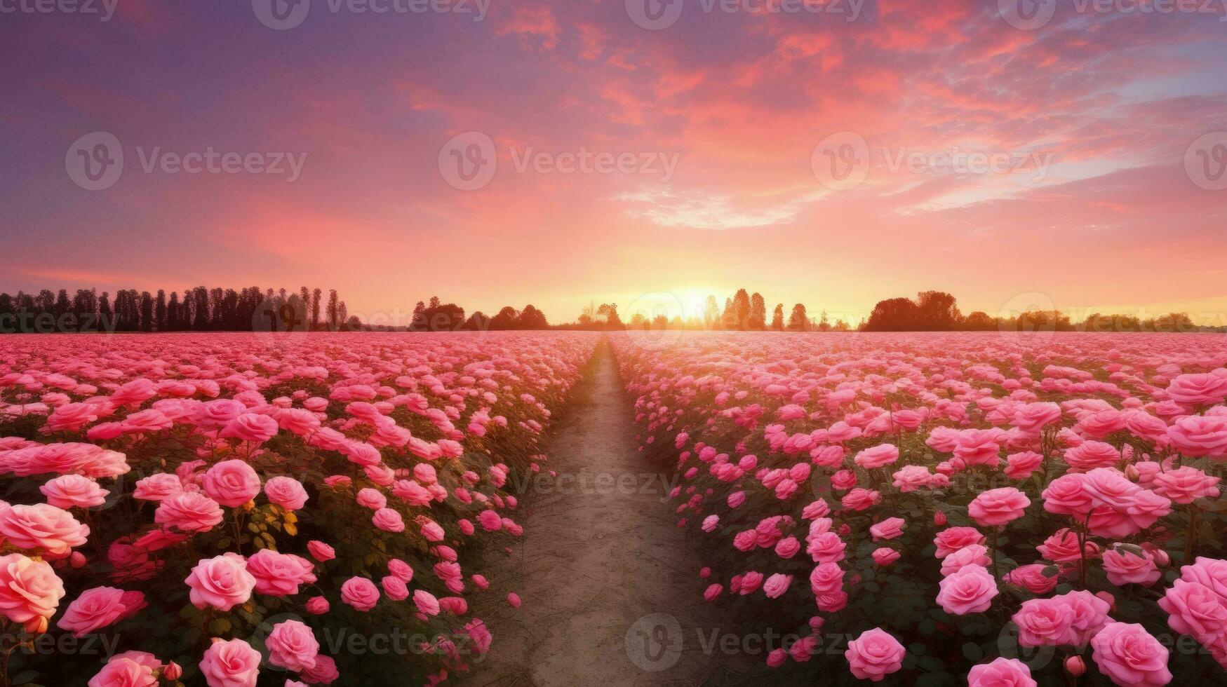 AI generated Rose field in the sunrise morning with beautiful sky photo