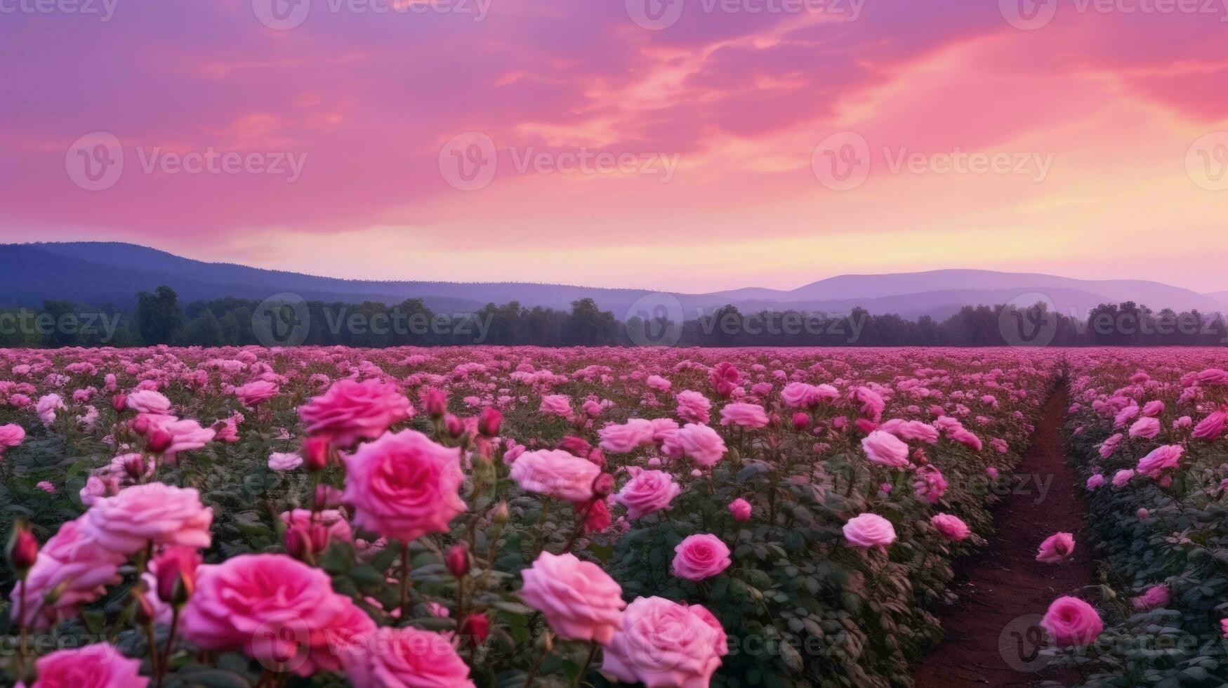 AI generated Rose field in the sunrise morning with beautiful sky photo