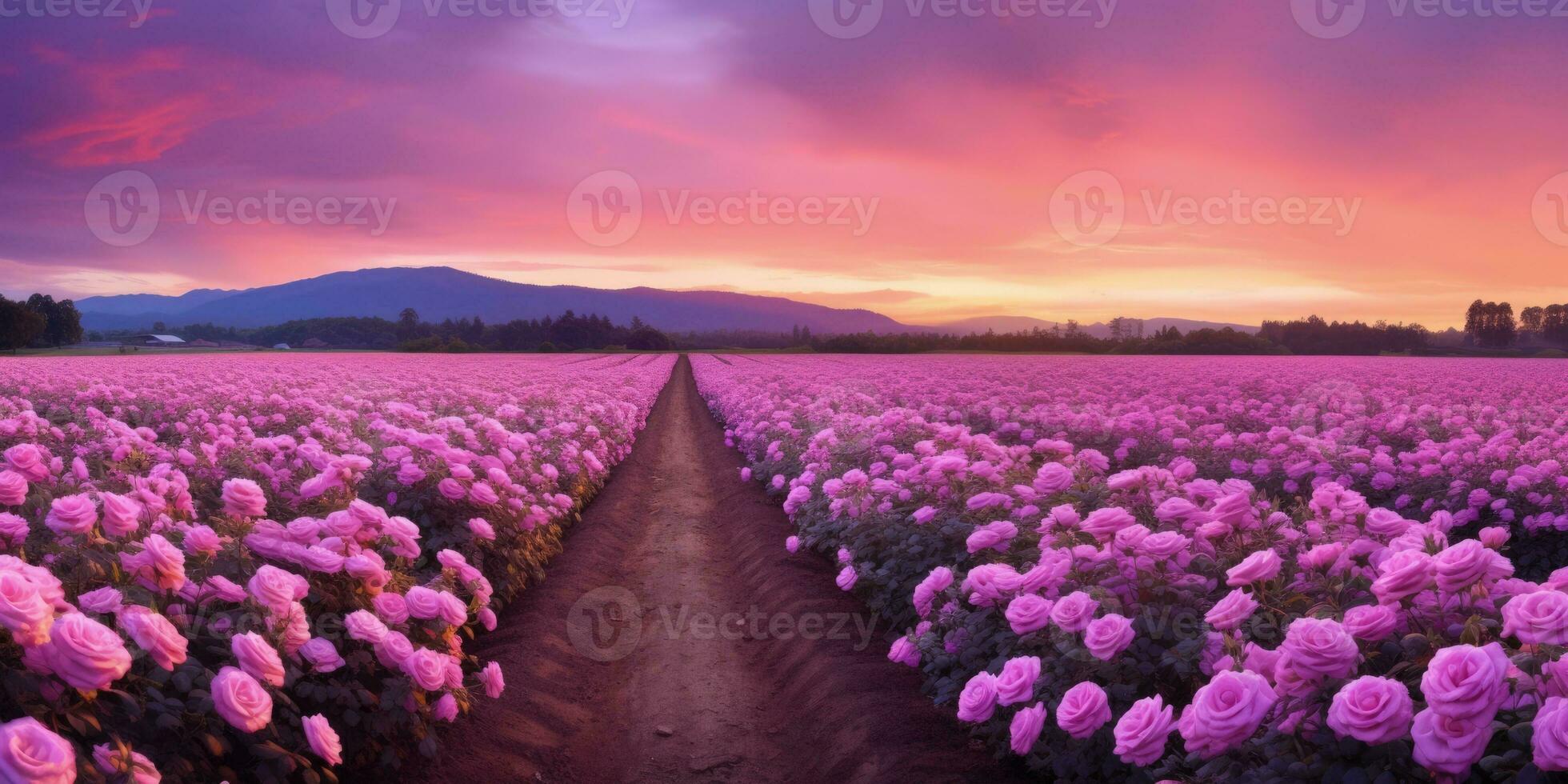 AI generated Rose field in the sunrise morning with beautiful sky photo