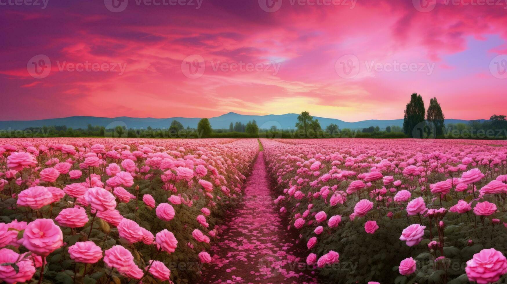 AI generated Rose field in the sunrise morning with beautiful sky photo