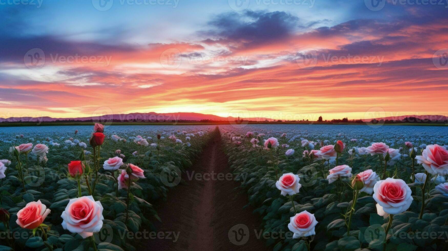 ai generado Rosa campo en el amanecer Mañana con hermosa cielo foto