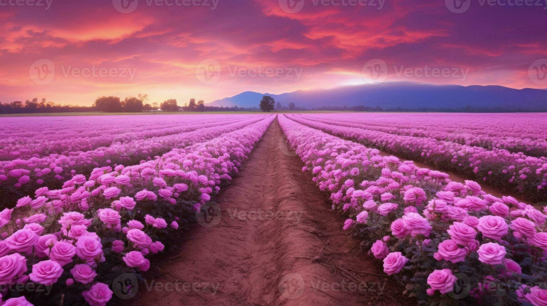 AI generated Rose field in the sunrise morning with beautiful sky photo