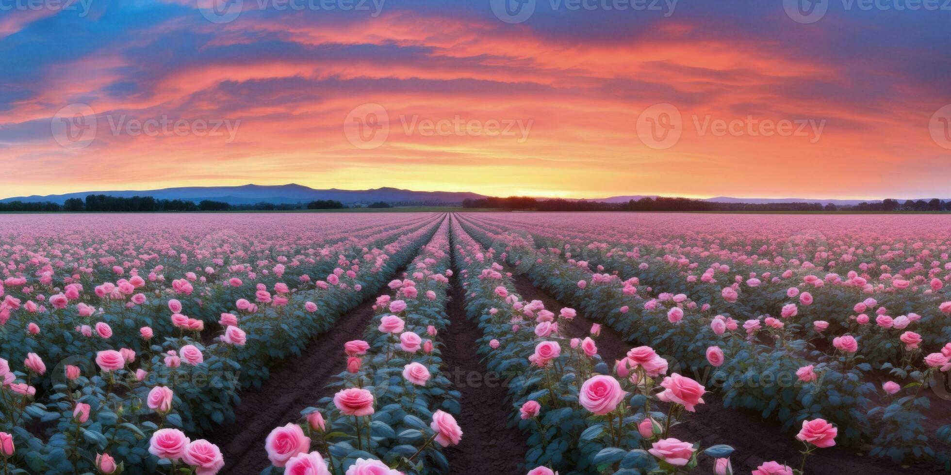 AI generated Rose field in the sunrise morning with beautiful sky photo