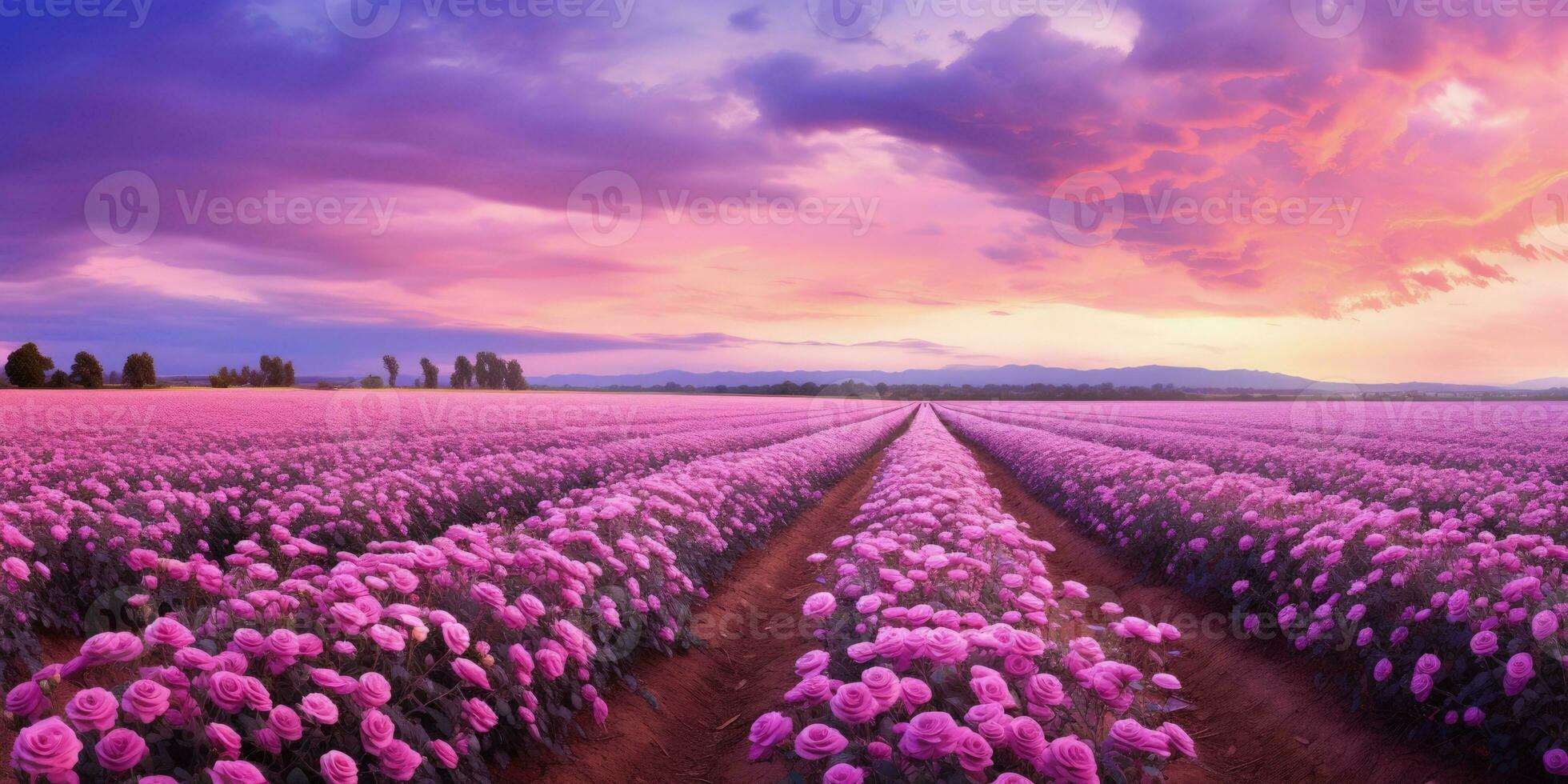 AI generated Rose field in the sunrise morning with beautiful sky photo