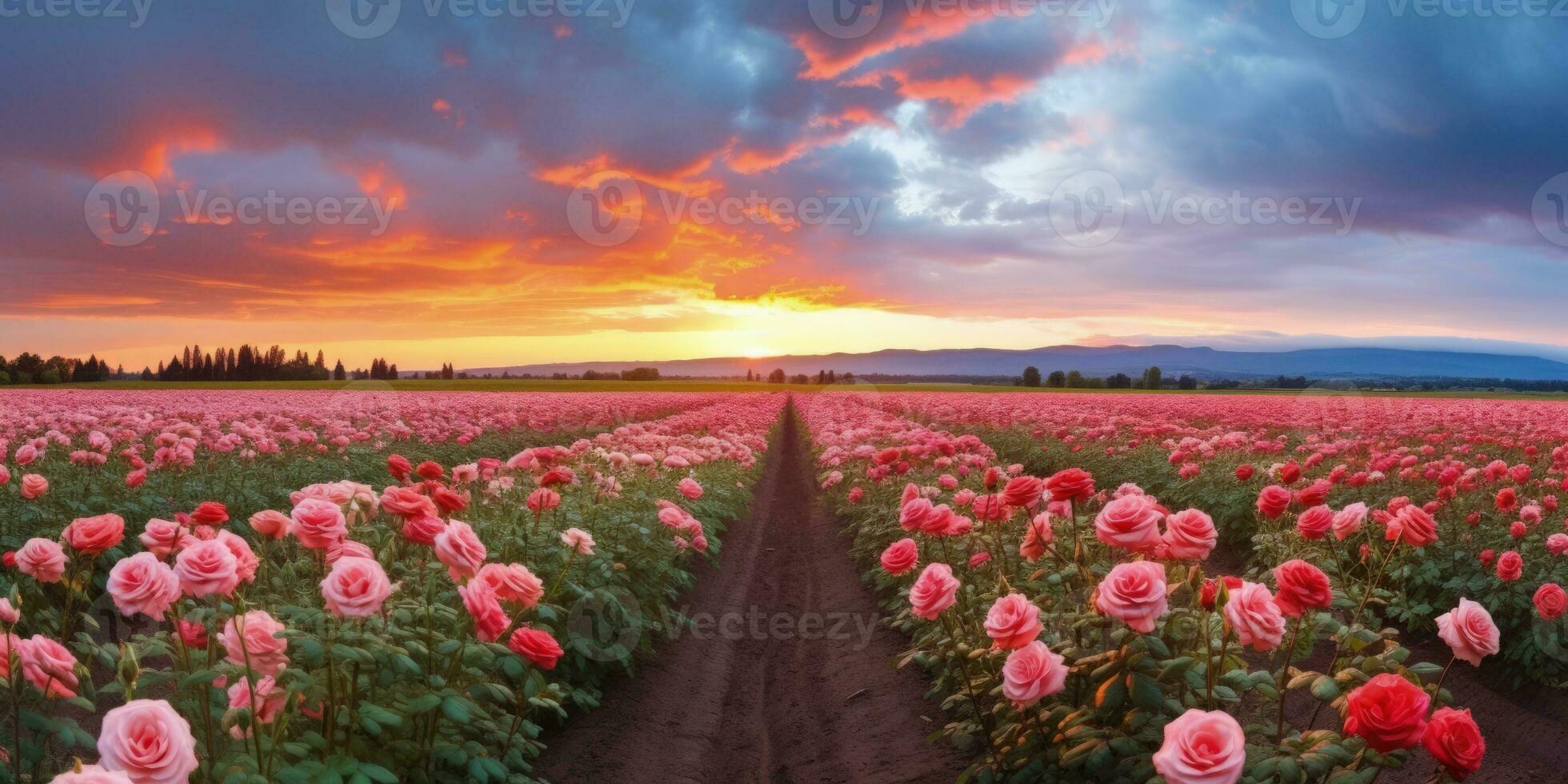 ai generado Rosa campo en el amanecer Mañana con hermosa cielo foto