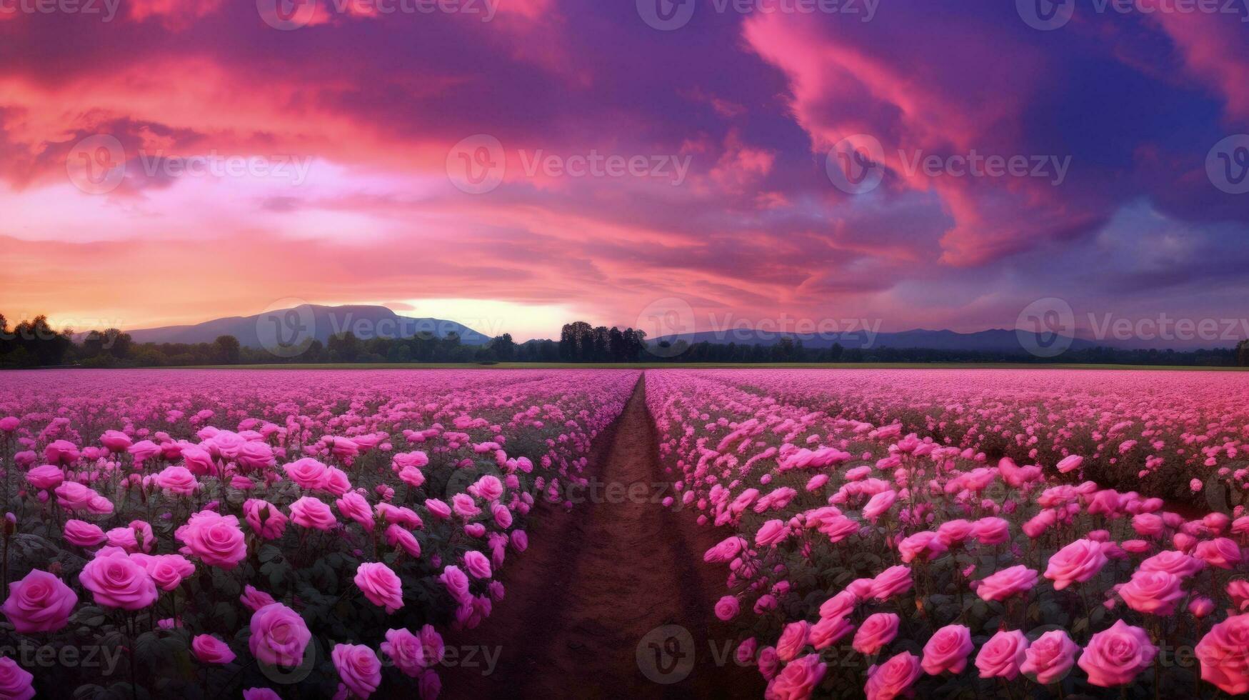 AI generated Rose field in the sunrise morning with beautiful sky photo