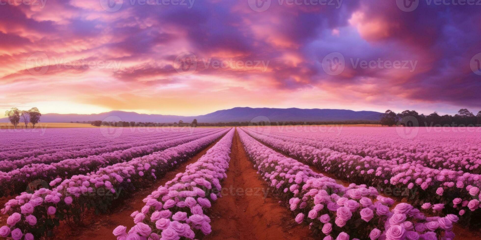 AI generated Rose field in the sunrise morning with beautiful sky photo
