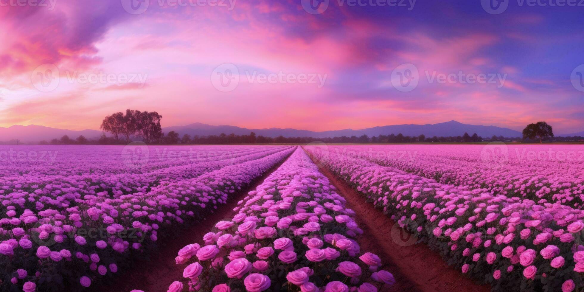 AI generated Rose field in the sunrise morning with beautiful sky photo