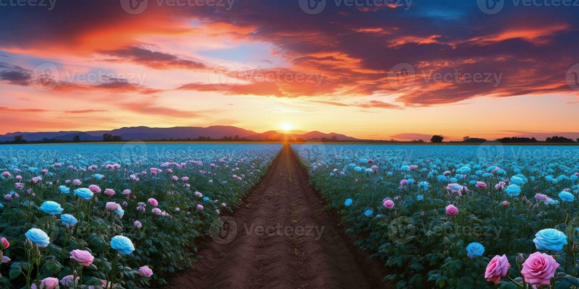 AI generated Rose field in the sunrise morning with beautiful sky photo