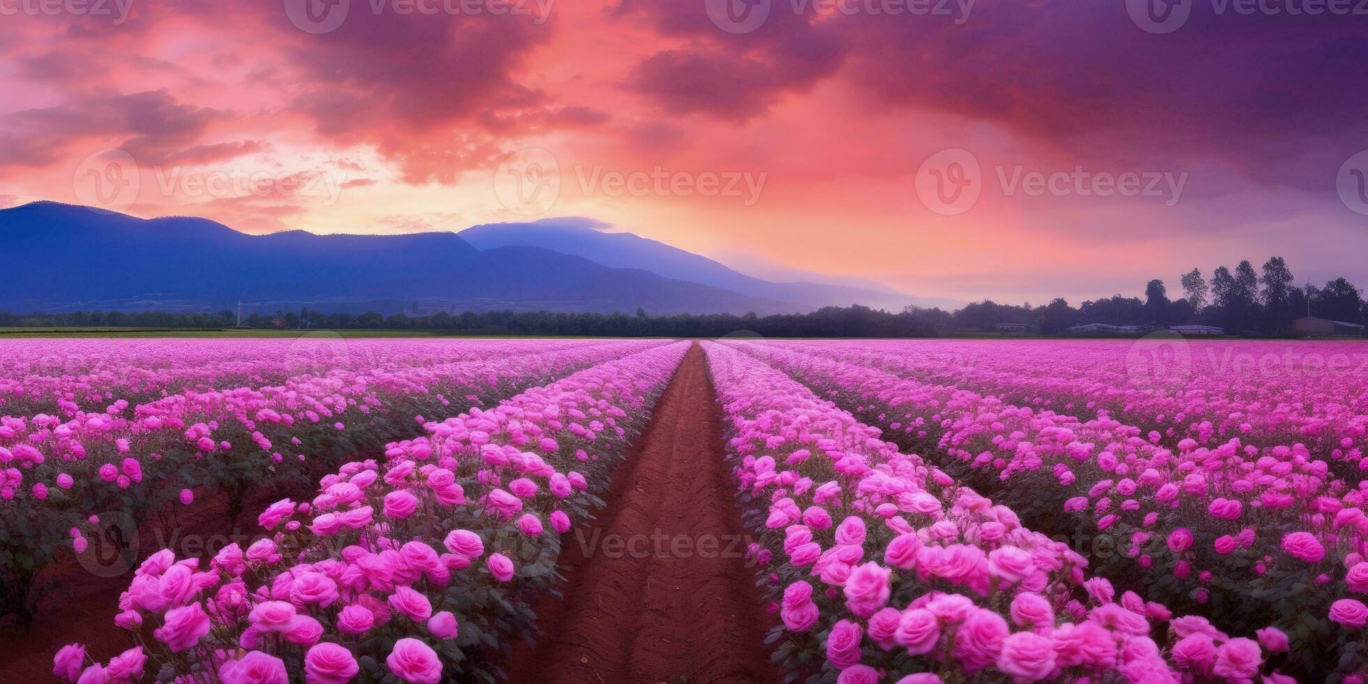 AI generated Rose field in the sunrise morning with beautiful sky photo