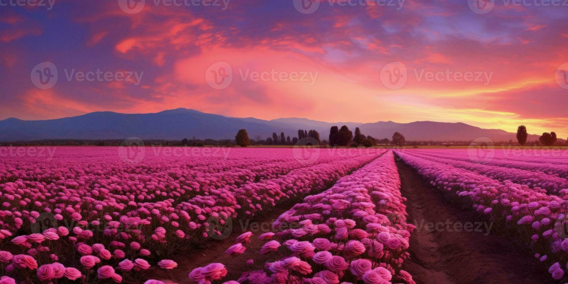 AI generated Rose field in the sunrise morning with beautiful sky photo
