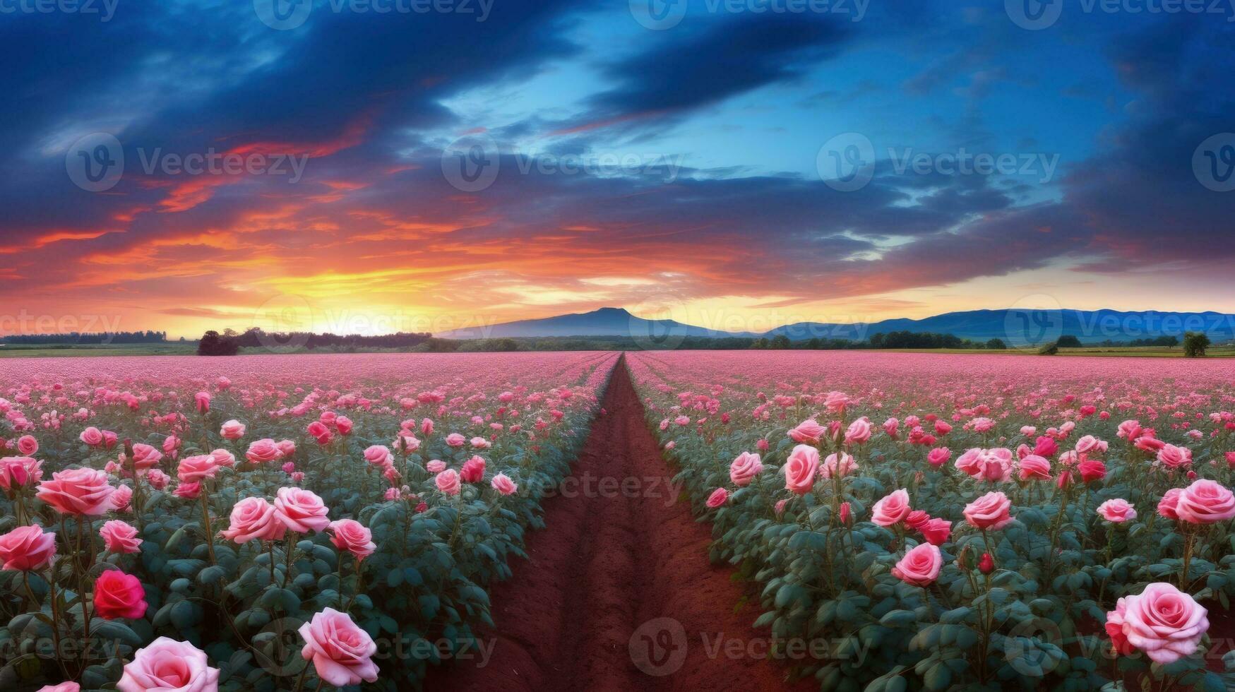 AI generated Rose field in the sunrise morning with beautiful sky photo