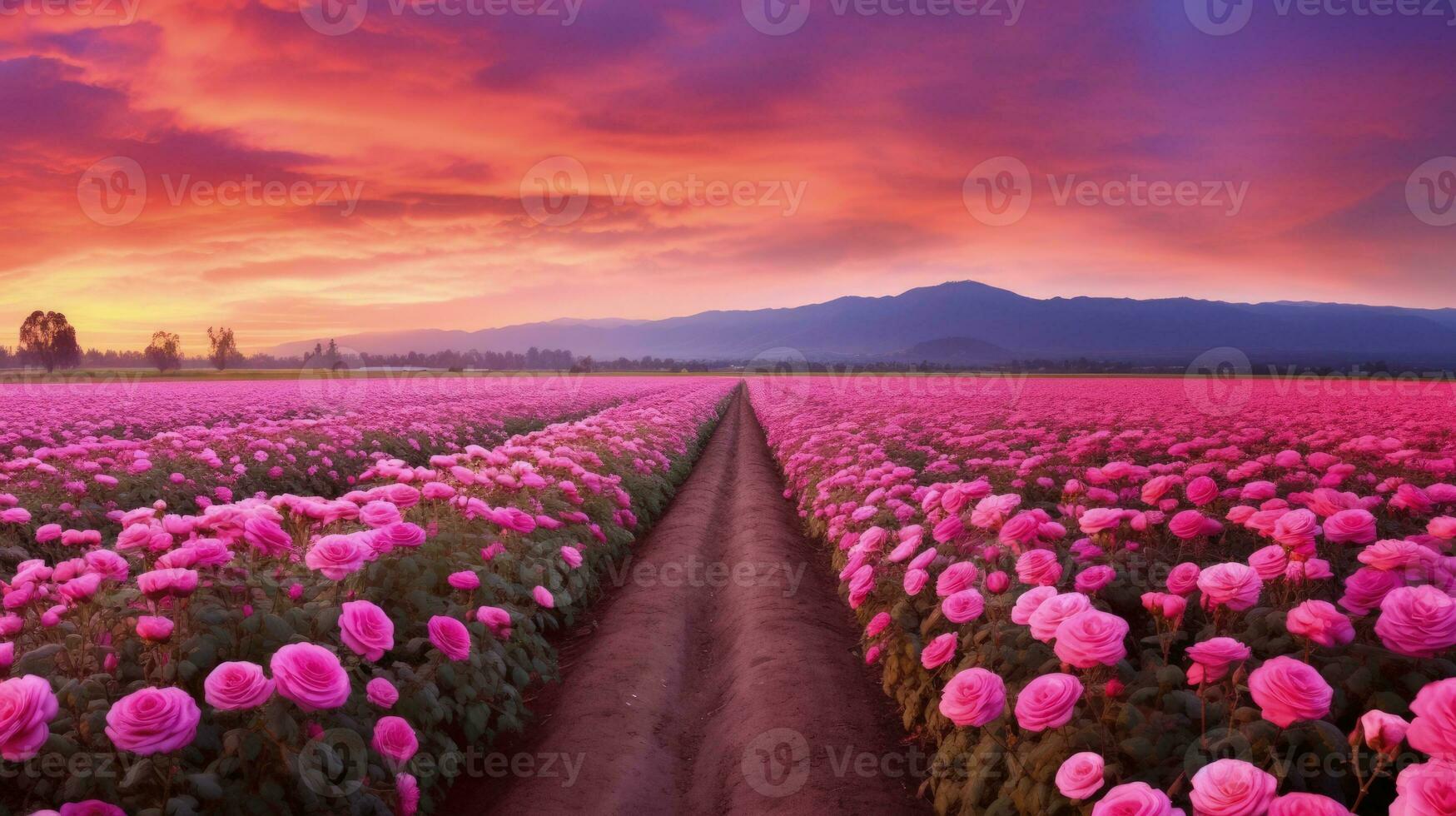 AI generated Rose field in the sunrise morning with beautiful sky photo